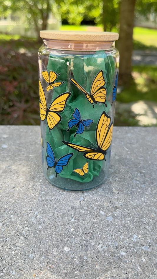 Butterflies Yellow, Navy-Glass Cup 16oz