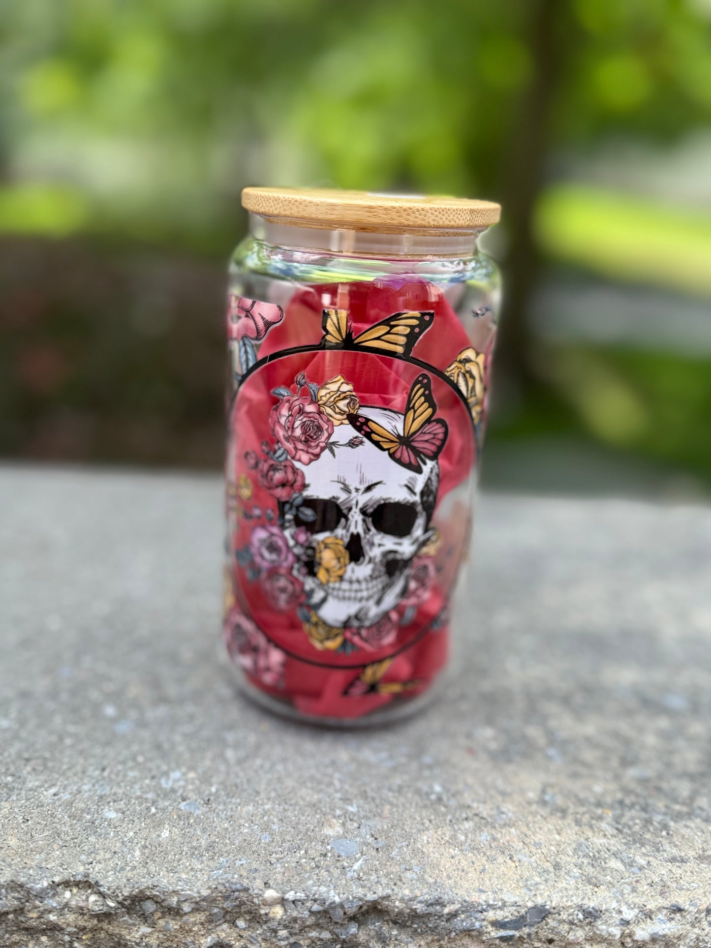 Flower Head Skull -Glass Cup 16oz