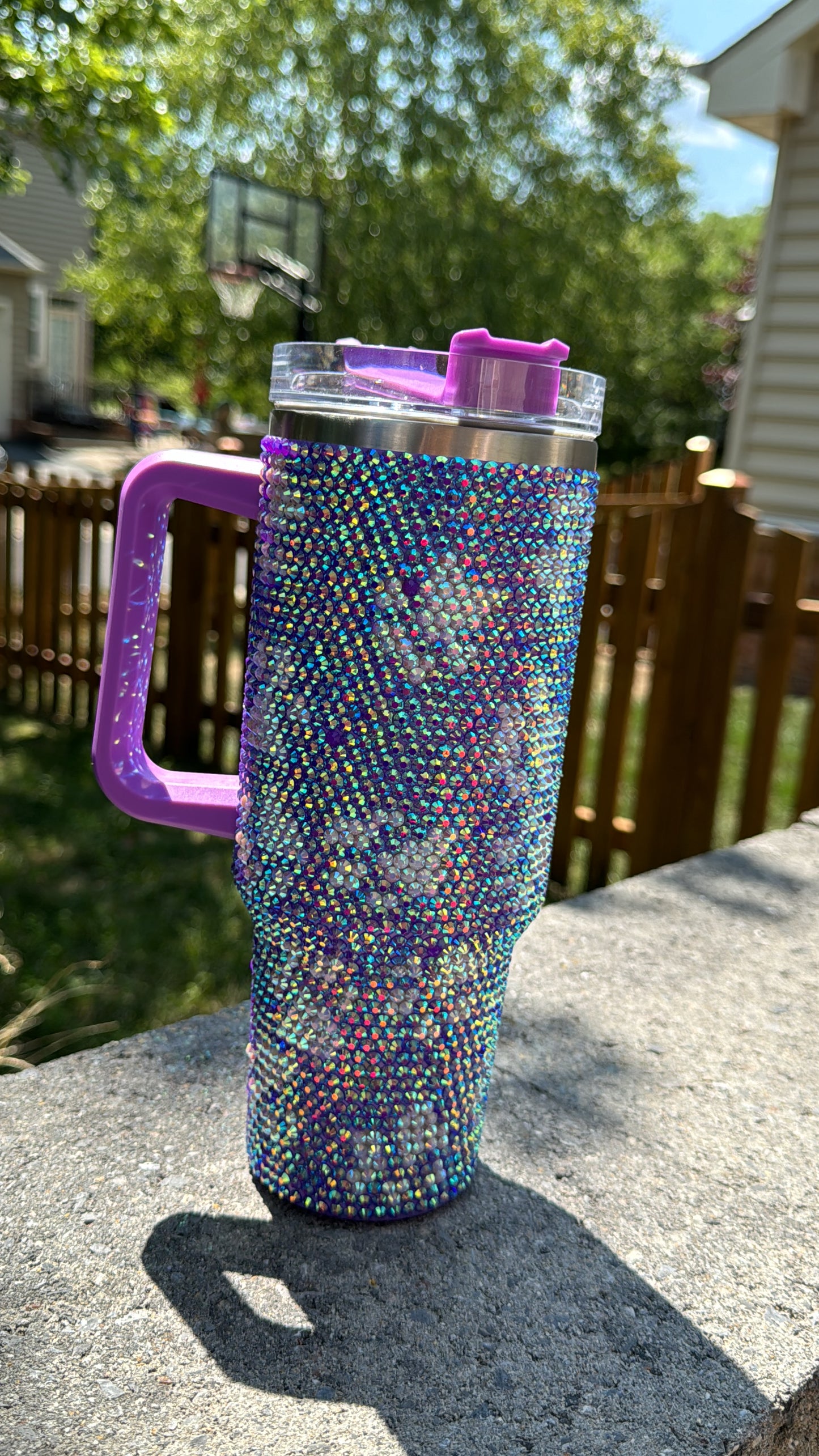 Handmade Decorative Tumbler with Clear Straw Purple Rhinestone